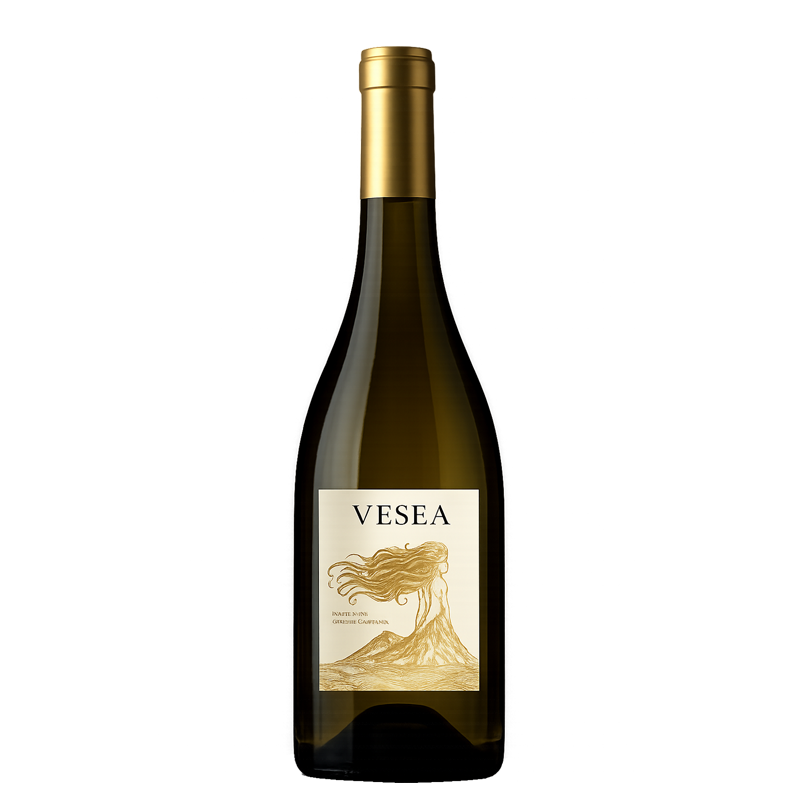 Bottiglia di Vesea Bianco vino elegante con riflessi dorati e origine vulcanica