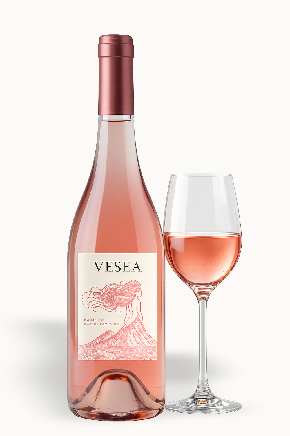 Vesea Rosé bottiglia con calice di vino rosato elegante colore corallo
